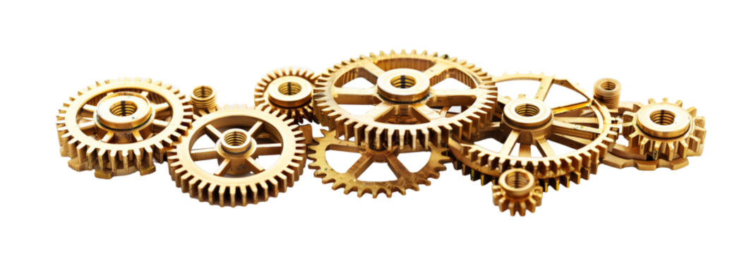 Golden gears and cogwheels on a transparent background