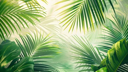 A lush green jungle with palm trees and leaves. Concept of tranquility and serenity, as the viewer is surrounded by the beauty of nature