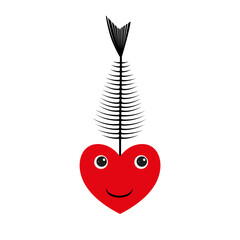 Fish skeleton with the head in the shape of a heart with Cutlery. Original humorous illustration illustrations on the theme of love