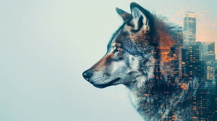 Double exposure wolf head and business city, wolf with cityscape background, winter fur portrait