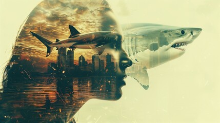 Double exposure business trend and attacking shark, woman and shark, sunset technology travel fear reflection