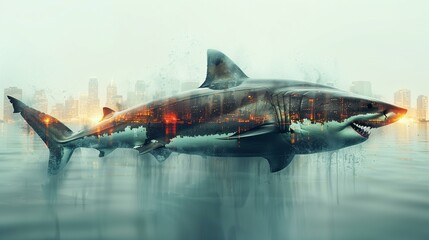 Double exposure business trend and attacking shark in water with city skyline in background, skyscraper horror giant fantasy flying