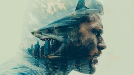 Double exposure business trend and attacking shark, man with shark in his face, spooky technology alien fear imagination