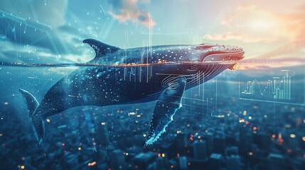Double exposure business graph and whale in water with city skyline background, concept success dark sea life activity