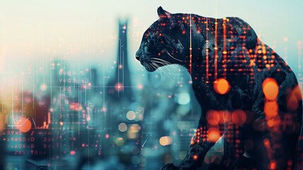 Double exposure business graphs and panther, cat on cityscape, data one animal celebration no people undomesticated cat