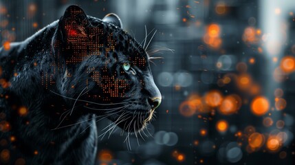 Double exposure business graphs and black panther, undomesticated cat portrait
