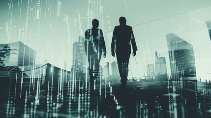 Double exposure business people and chart, two business people walking in front of cityscape with binary data, standing city life built structure working occupation