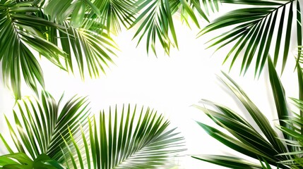 A close up of a leafy green palm tree with a white background. Concept of calm and tranquility, as the lush green leaves contrast with the stark white background