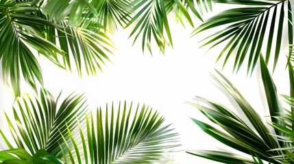 Fototapeta premium A close up of a leafy green palm tree with a white background. Concept of calm and tranquility, as the lush green leaves contrast with the stark white background