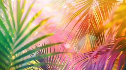 Obraz premium A colorful image of a palm tree with green leaves and pink and yellow colors. The image has a bright and cheerful mood, and it conveys a sense of warmth and relaxation