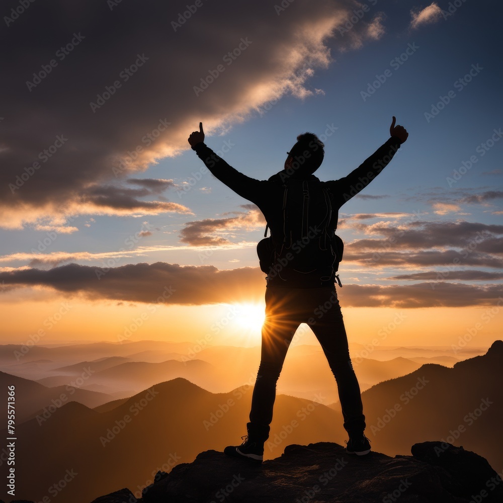 Poster silhouette of happy young traveler with raised hands standing and looking at sunrise on mountain background. concept freedom, adventure travel, in nature