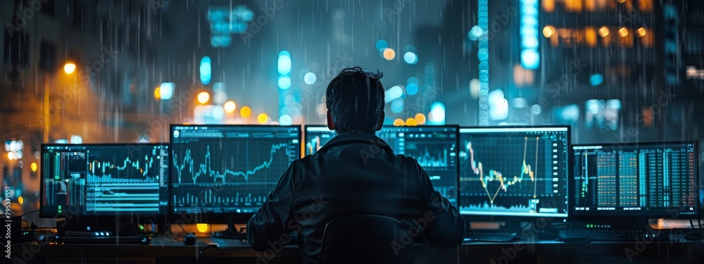 Poster a moody, atmospheric shot of a lone trader in a dark room lit only by multiple screens showing crypt