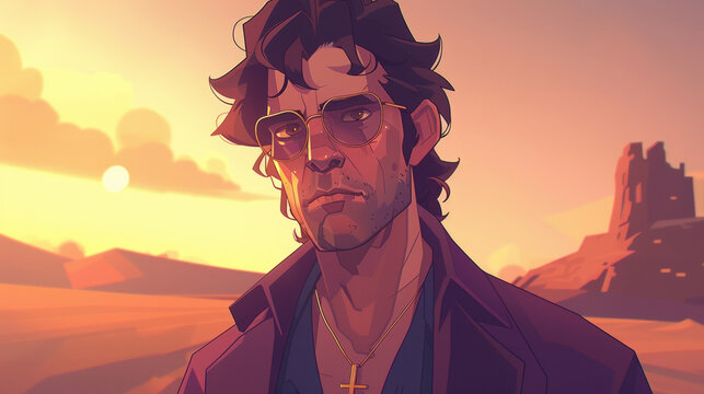 A man with a cross necklace and sunglasses is standing in a desert. The image has a mood of loneliness and isolation