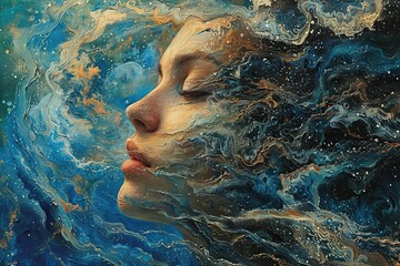 The image of a woman personifying a hypnotically split personality. Each part expresses different emotions, internal conflict and emotional experiences in different situations. Copy space. Banner