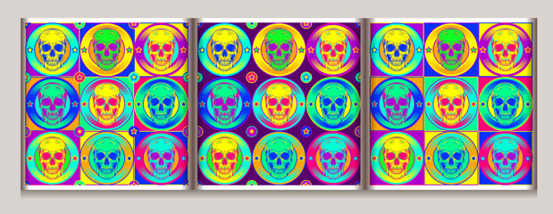 Set of pop art seamless pattern with circular labels with human skull, stars. Vintage inverted labels in fluorescent neon colors. Colorful bright illustration