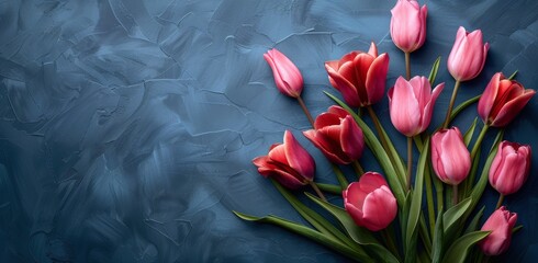 Bouquet of Red and Pink Tulips on Blue Background