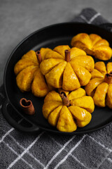 Pumpkin Shaped Bread. Autumn, Styled Composition with Neutral Colours.