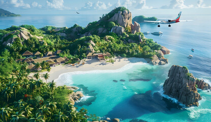 an island with lush greenery, sandy beaches and clear blue waters. A plane flies overhead as it...