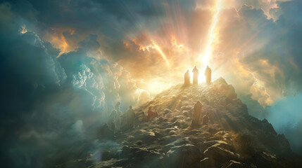 The moment of Jesus' transfiguration on a mountain, illuminated by a divine light as disciples look on. , natural light, soft shadows, with copy space