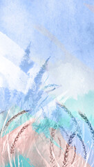 Watercolor card, greeting card with a picture of lavender, wild wildflowers, blue, purple,pink lilac. Greeting card, invitation. Vintage watercolor element. Bouquet of flowers. Flowering meadow.reeds