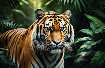 Portrait of a tiger on a background of foliage