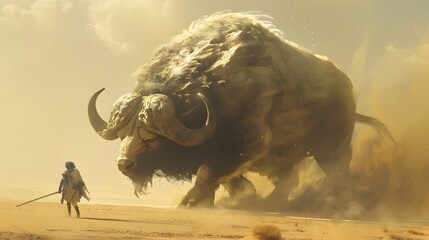 A painting of a giant buffalo demon facing off in a dangerous place.