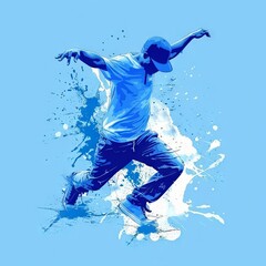 energetic and dynamic illustration of a man performing an element of breakdancing and parkour with movements and flashes of light. Concept: youth cultural events, sports equipment. grunge style