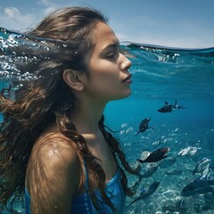 portrait of a woman in water, world ocean day, ocean, fish and sea