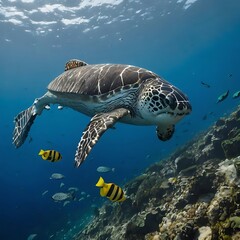 turtle swimming in the sea, portrait of a woman in water, world ocean day, ocean, fish and sea, under water