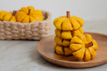 Pumpkin Shaped Bread. Autumn, Styled Composition with Neutral Colours.