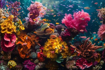 Fototapeta na wymiar Close up of a vibrant coral reef teeming with marine life, illustrating the biodiversity of underwater ecosystems