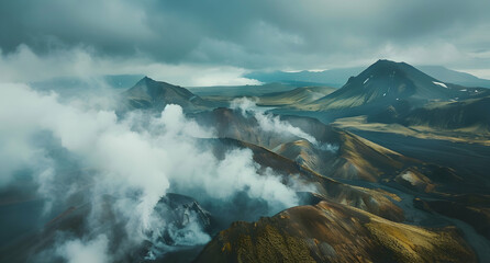  Icelandic mountains, with smoke rising from one mountain and visible under clouds, aerial view