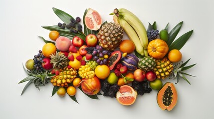 A colorful assortment of fruits and s, including bananas, apples, oranges, and strawberries