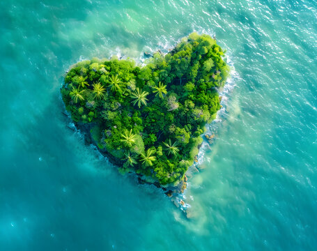 A top-down view of an island in the shape of a heart, with lush greenery and clear blue water, symbolizing love for nature