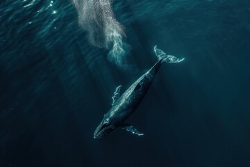 A whale is swimming in the ocean. The water is dark blue and the sunlight is shining on the surface