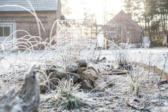 Gartenbeet im Winter mit Stauden und Steinhaufen / Konzept: Winter im Naturgarten mit Frost
