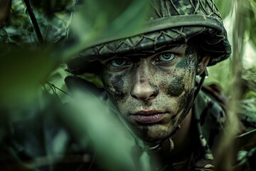 portrait of a soldier camouflaged. GeneraTive A