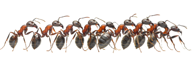 group of ants isolated on a transparent background. Teamwork and leadership concept.