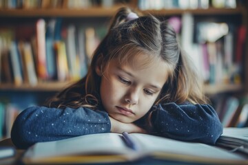 Young girl resting on book at library