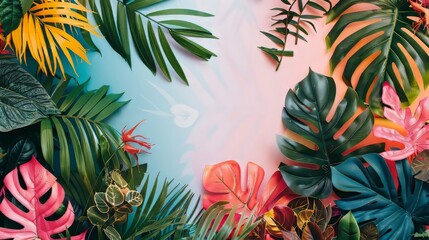 A colorful tropical scene with a large leafy green background