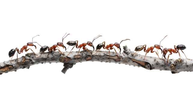 group of ants isolated on a transparent background. Teamwork and leadership concept.