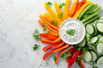 Colorful vegetable crudite with ranch dip on a transparent white surface