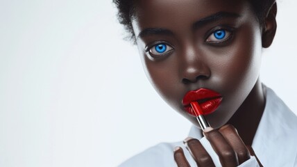The picture of the red lips young beautiful african woman looking at the camera while holding the red lipstick near the mouth while wearing white shirt with white background for advertisement. AIGX01.