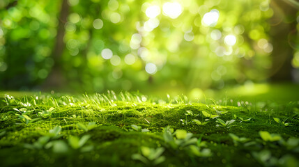 A closeup of lush green grass and moss, with sunlight filtering through the trees in a forest...