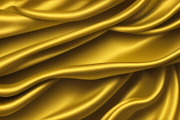 Yellow silk fabric luxury background. Wavy abstract satin cloth texture pattern. Smooth shiny drape material curtain.