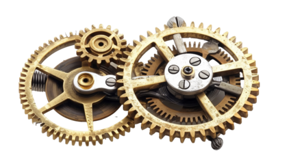 Golden gears and mechanical wheels on a transparent background