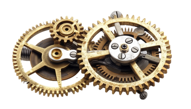 Golden gears and mechanical wheels on a transparent background