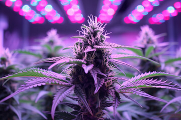 Close up of marijuana cannabis plant under purple lamps in room in greenhouse