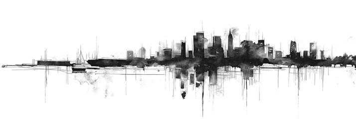 Black and white drawing of the skyline of the city isolated on a transparent  bakcground