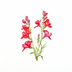 Soft and ethereal watercolor painting of snapdragon flowers, beautifully isolated against a crisp white backdrop, water color, drawing style, isolated clear background